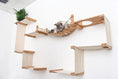 Charger l'image dans la visionneuse de la galerie, The Temple Giant Cat Tree on Wall, wall-mounted cat condo with natural wood and beige fabric panels; cat on rope bridge.
