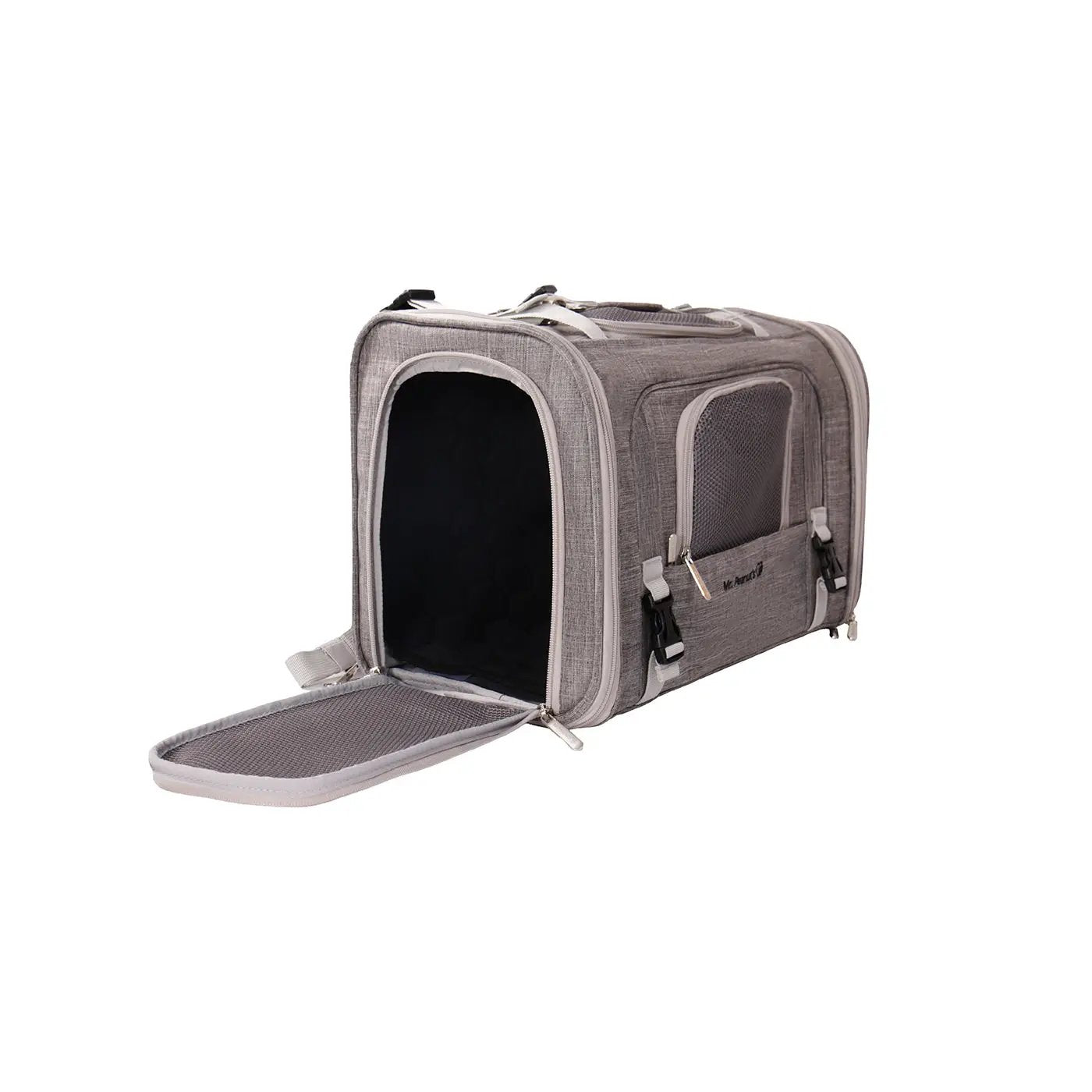 Mr. Peanut's Monterey Series airline-compliant horizontal backpack pet carrier, gray fabric with mesh window