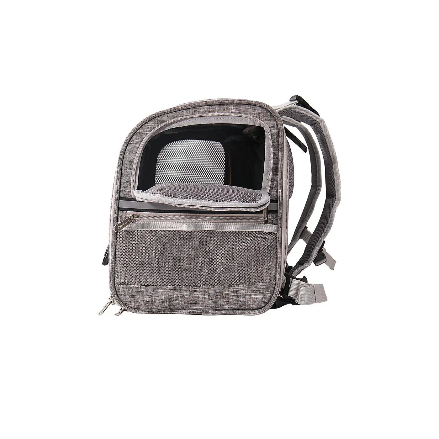 Mr. Peanut's Monterey Series airline-compliant horizontal backpack pet carrier in grey fabric with mesh panels