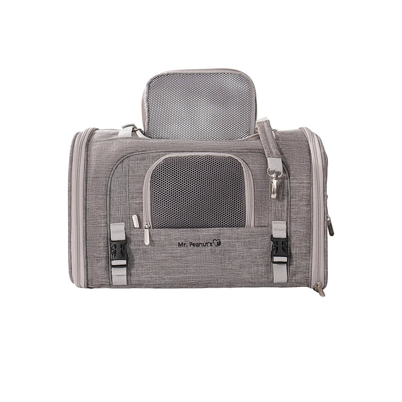 Mr. Peanut's Monterey Series airline-compliant horizontal backpack pet carrier in gray fabric with mesh panels