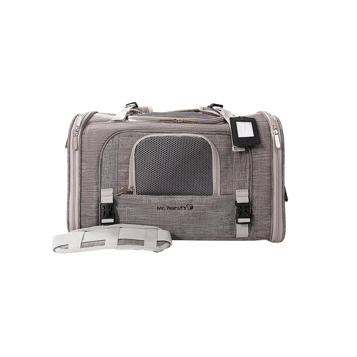 Mr. Peanut's Monterey Series airline-compliant horizontal backpack pet carrier in grey fabric with mesh window