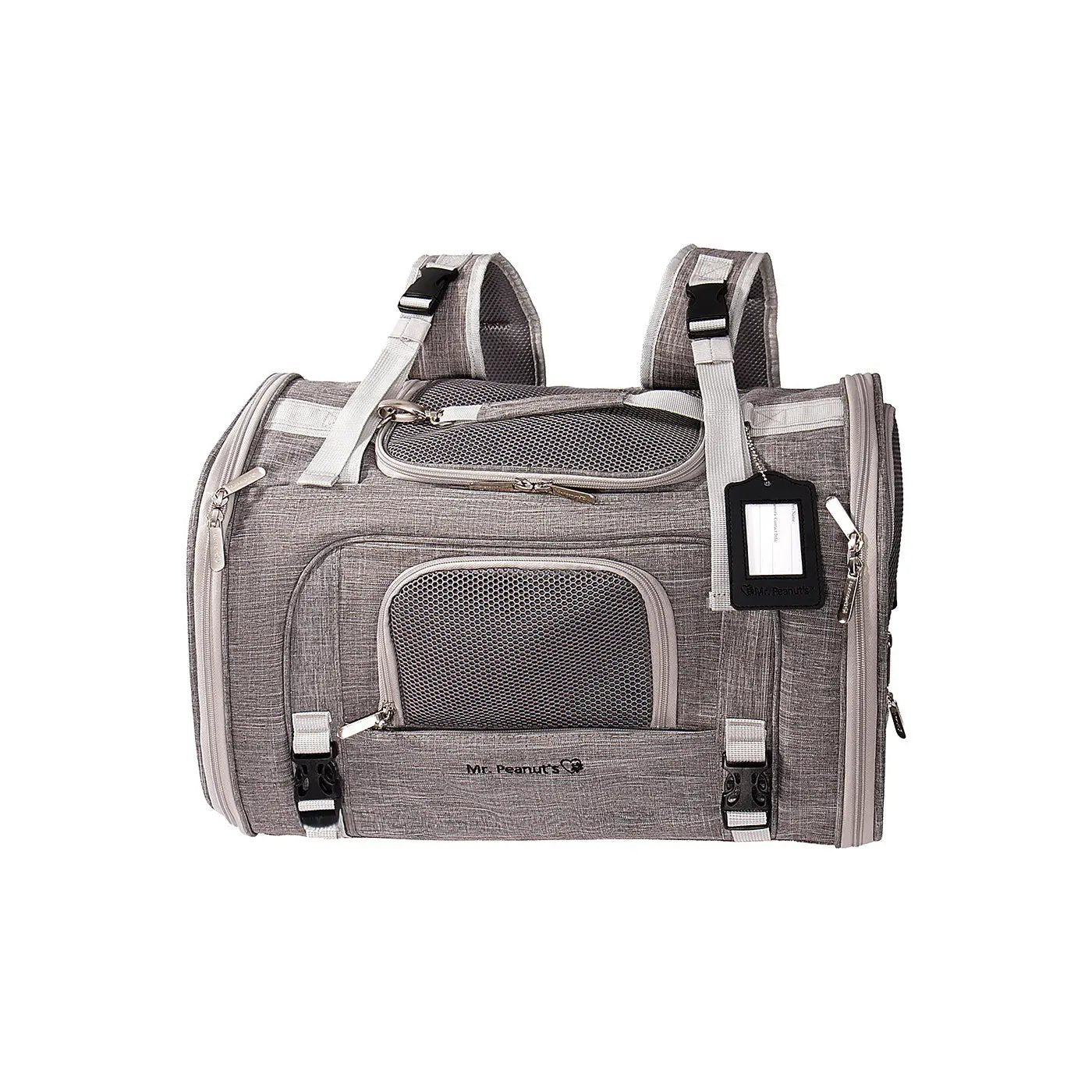 Mr. Peanut's Monterey Series airline-compliant horizontal backpack pet carrier in gray fabric with mesh panels.