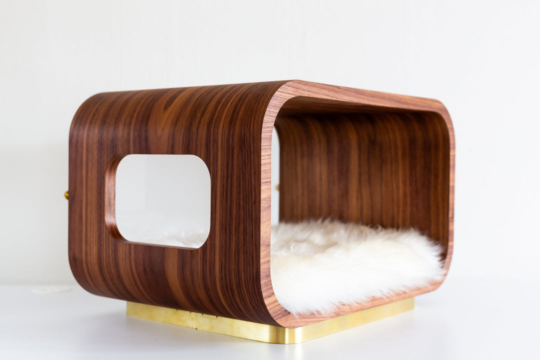 LUNA Modern Cat Bed &amp; Side Table, Walnut