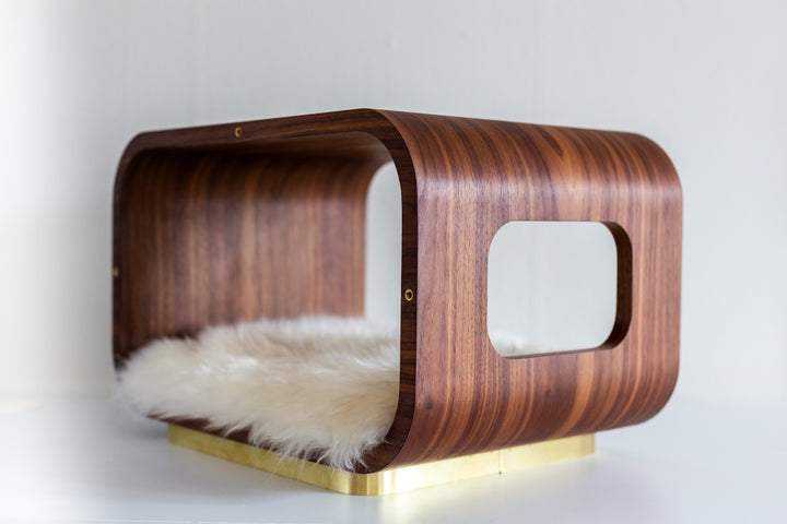 LUNA Modern Cat Bed &amp; Side Table, Walnut