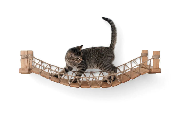 Cat Bridge for Wall, wooden cat bridge with rope lattice, cat walking across.