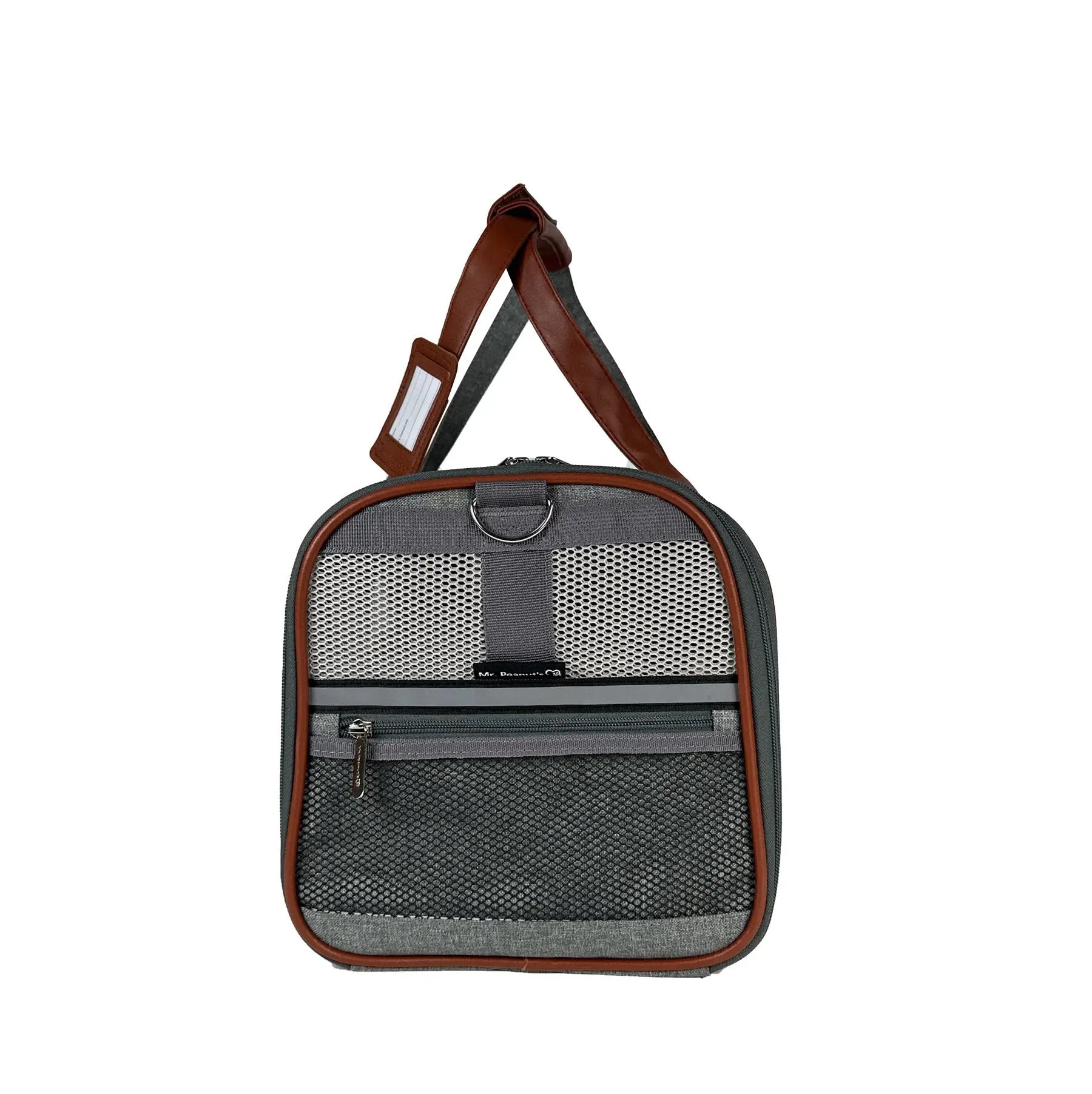 Mr. Peanut's Gold Series V2.0 pet carrier; grey fabric with brown leather trim and mesh front panel.