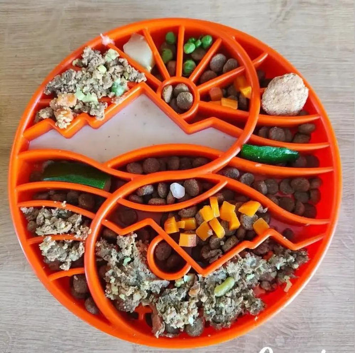SodaPup Sun and Moon eTray TPE slow feeder dog bowl in orange and green, view 7
