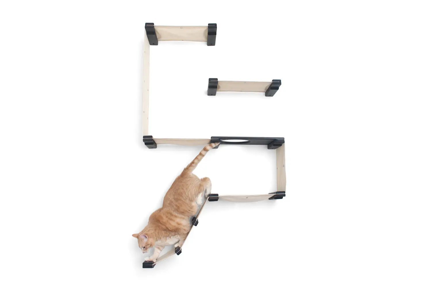 Cat Condo The Deluxe Cat Fort by Catastrophic Creations; wooden frame with beige fabric and black end caps, cat climbing.