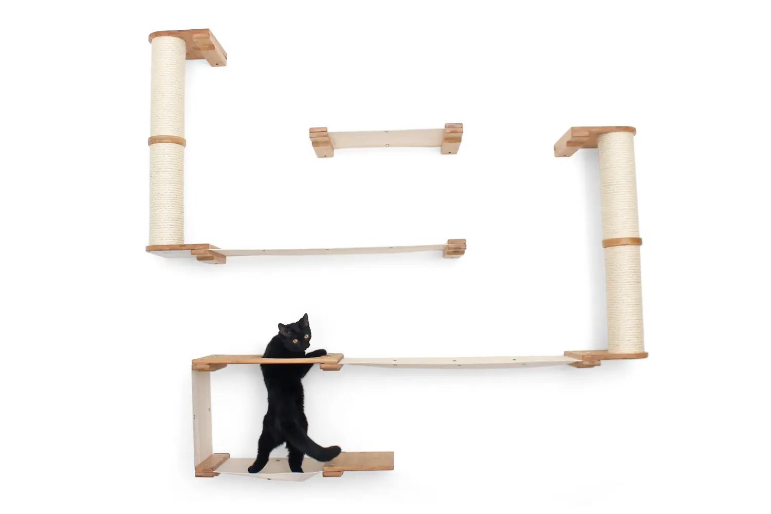 The Roman wall-mounted cat condo by Catastrophic Creations with sisal posts and light wood platforms, cat present.