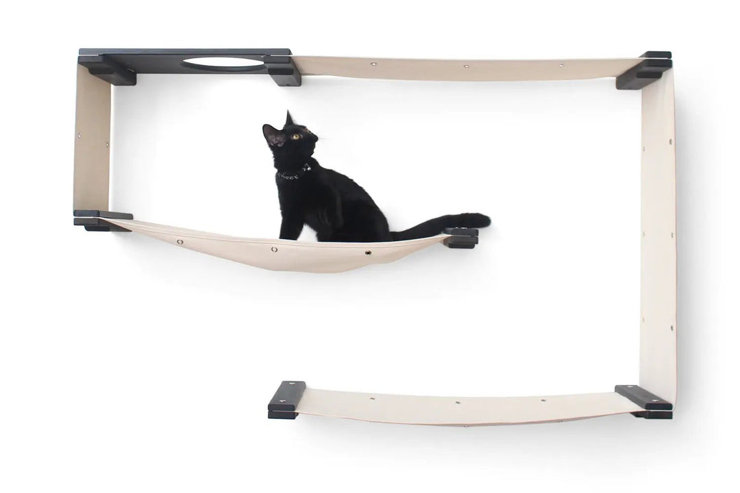 Cat Maze Wall 3-Tier Cat Tree Condo by Catastrophic Creations; beige fabric hammock on wood frame