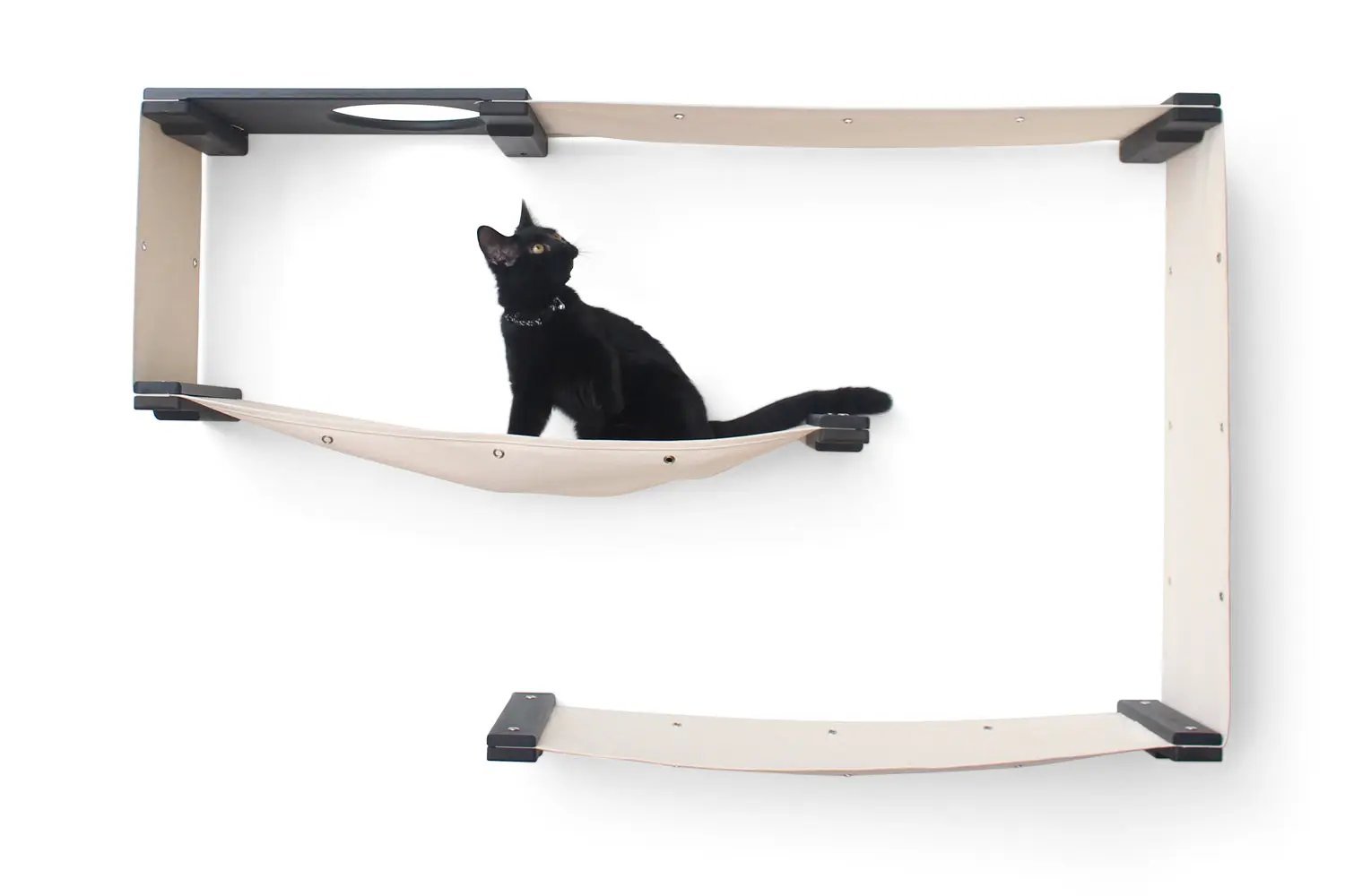 Cat Maze Wall 3-Tier Cat Tree Condo by Catastrophic Creations; beige fabric hammock on wood frame