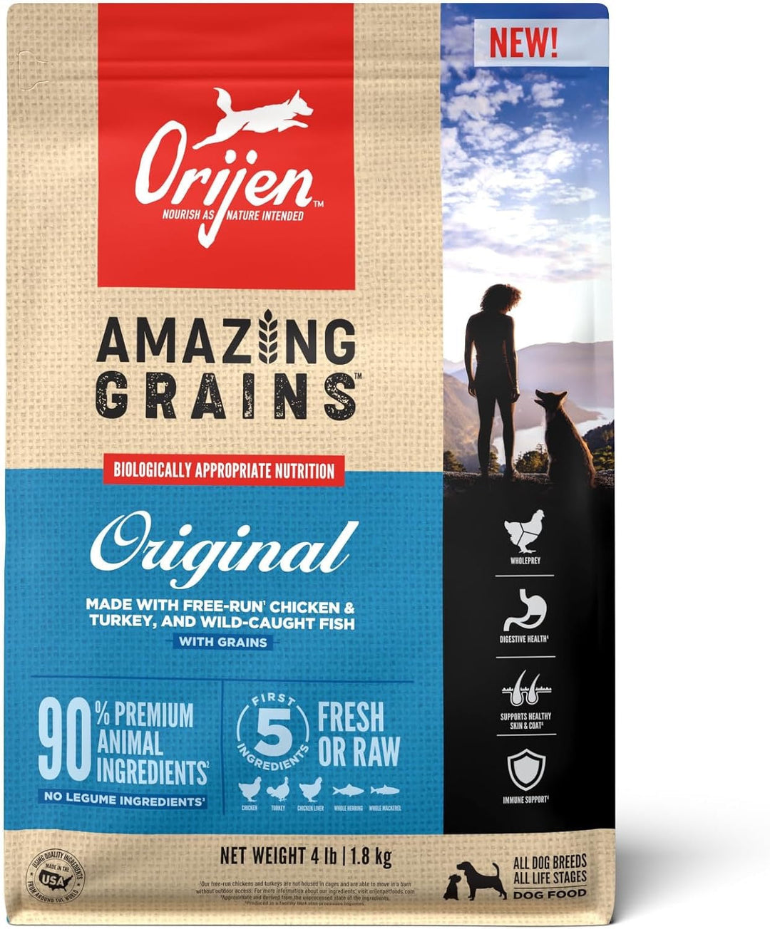 ORIJEN Amazing Grains Original dry dog food bag front