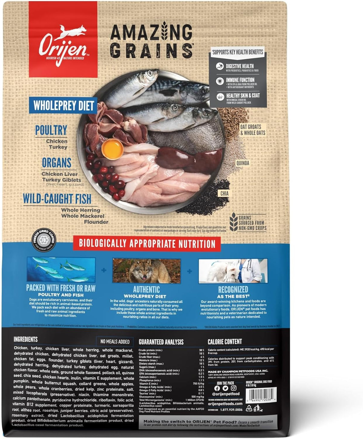ORIJEN Amazing Grains Original bag reverse with ingredients and feeding information