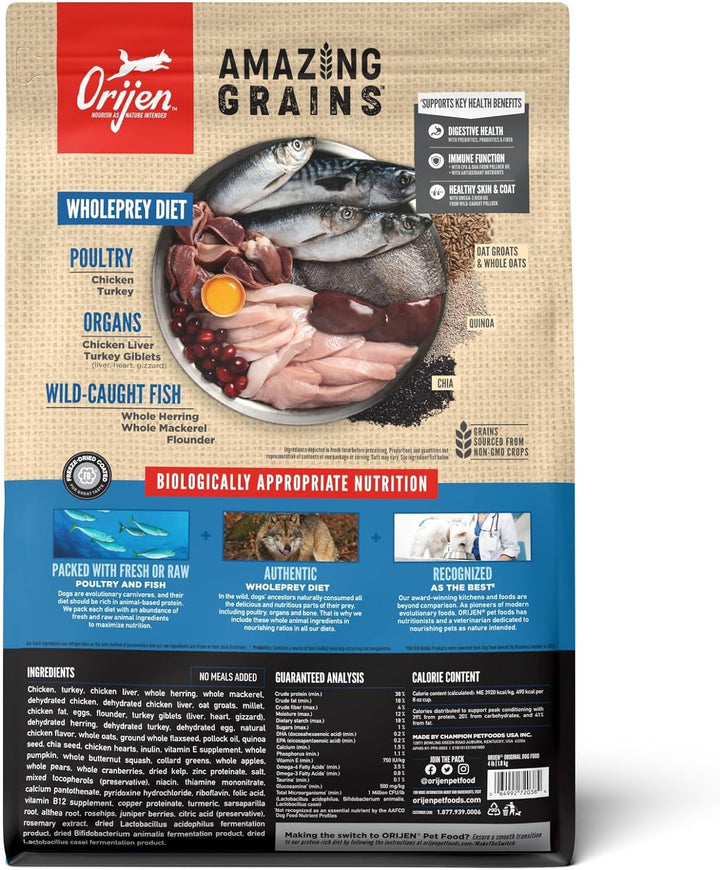 ORIJEN Amazing Grains Original bag reverse with ingredients and feeding information