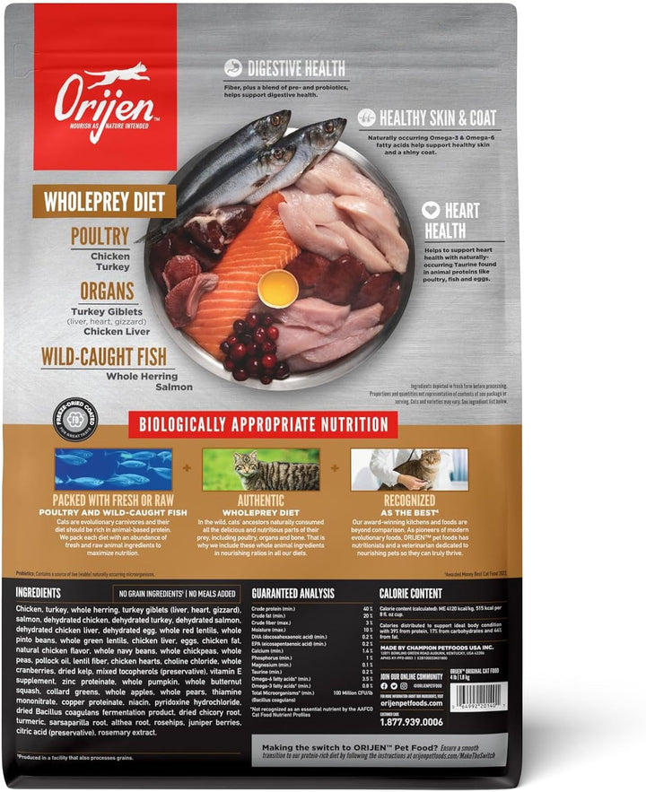 ORIJEN Original Cat bag reverse with ingredients and nutrition panel