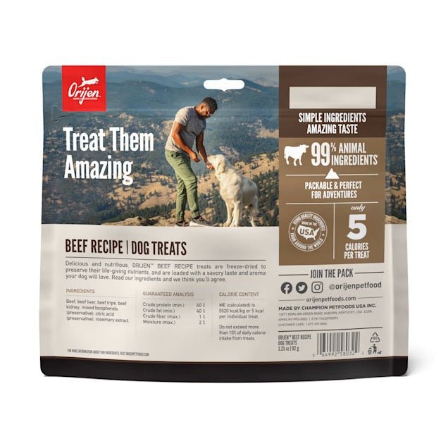 ORIJEN Beef Recipe dog treat bag reverse with ingredients and calorie information