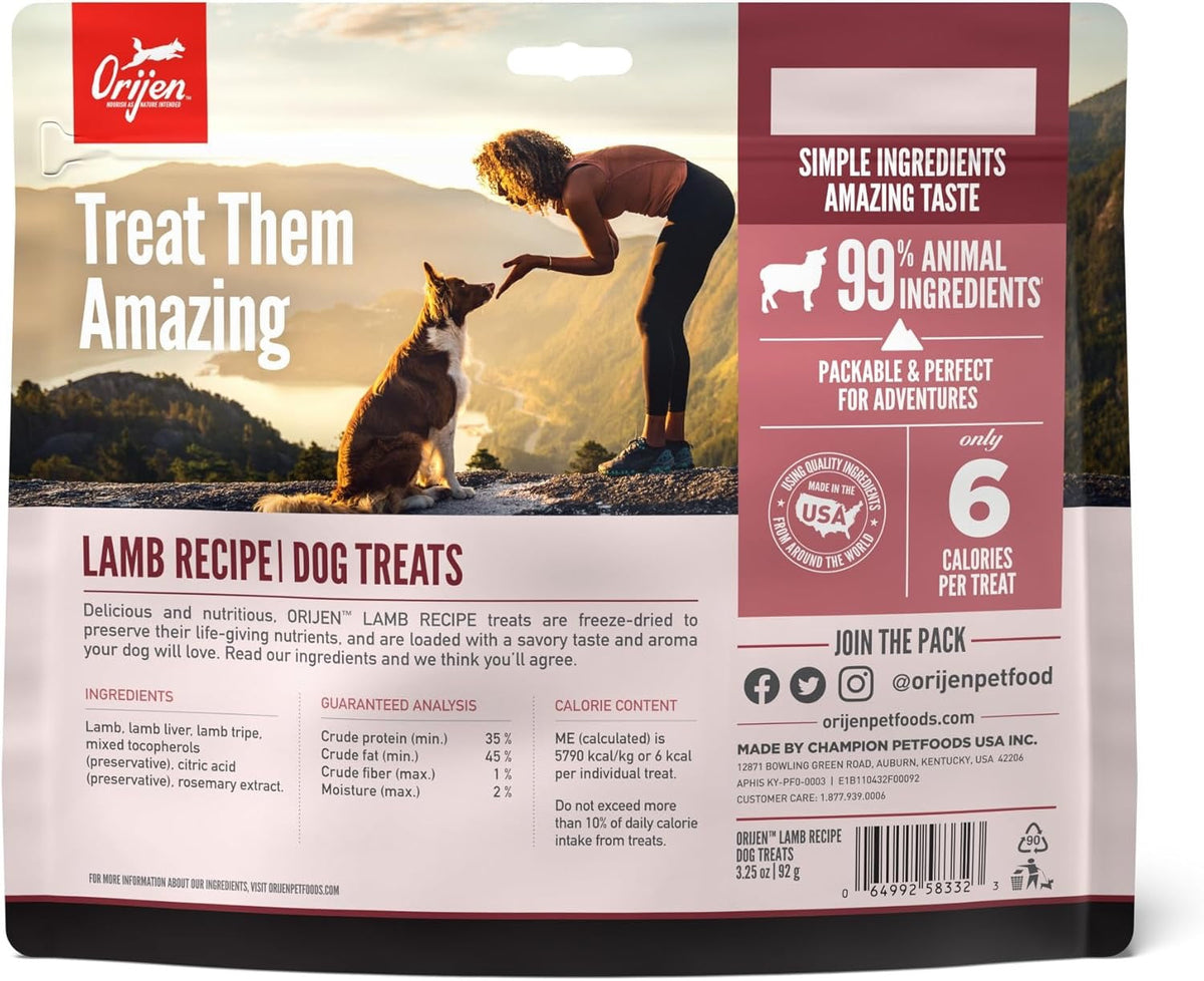 ORIJEN Lamb Recipe dog treat bag reverse with ingredients and calorie information