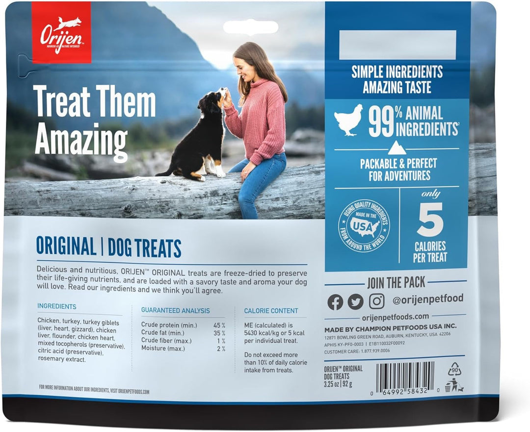 ORIJEN Original dog treats pouch reverse with ingredients and five-calorie statement