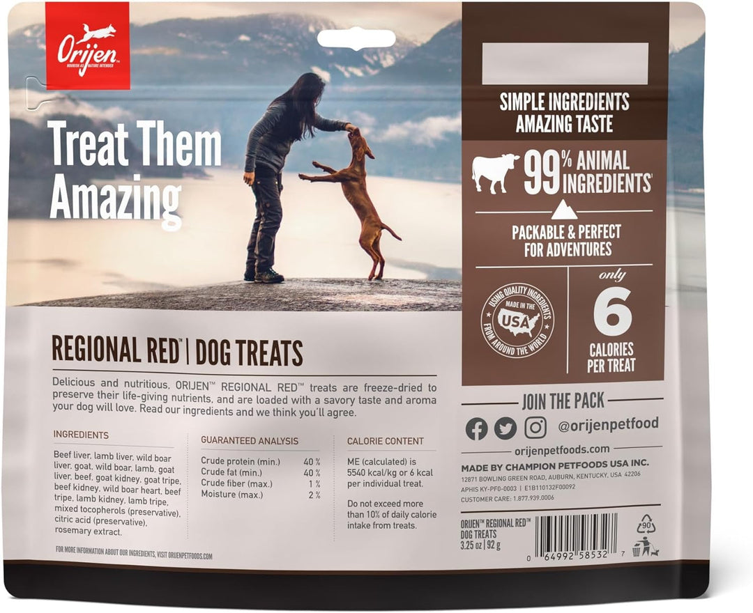 ORIJEN Regional Red treats reverse label with ingredients and six-calorie statement