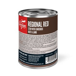 ORIJEN Regional Red stew can reverse label and nutrition panel