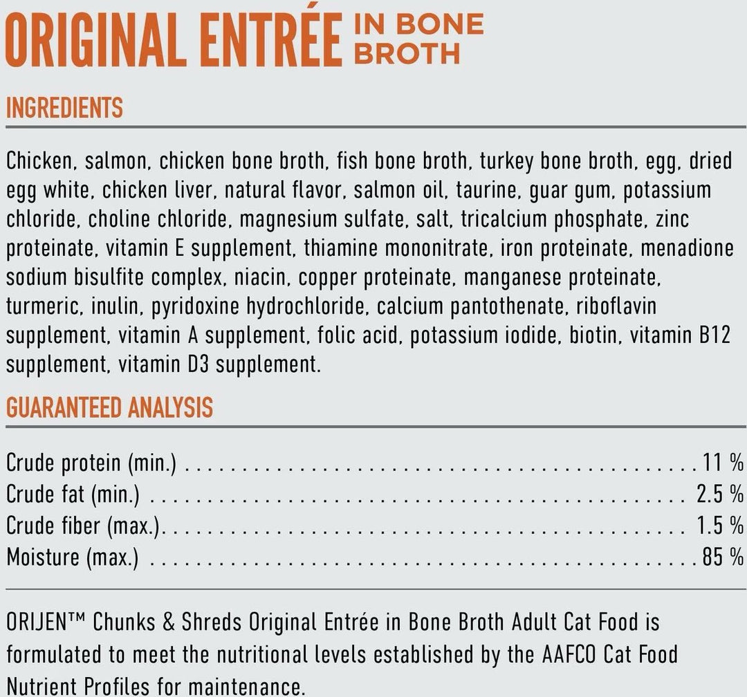ORIJEN Original supplied ingredient and nutrition graphic
