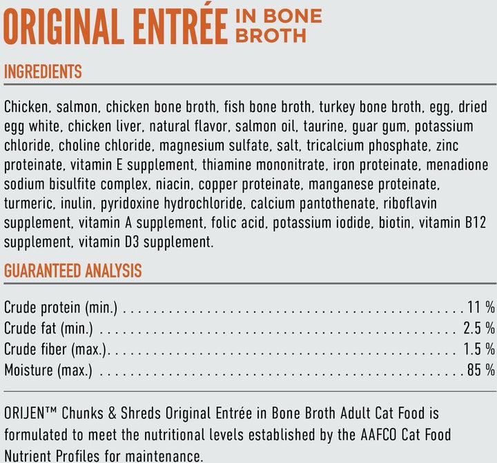 ORIJEN Original supplied ingredient and nutrition graphic