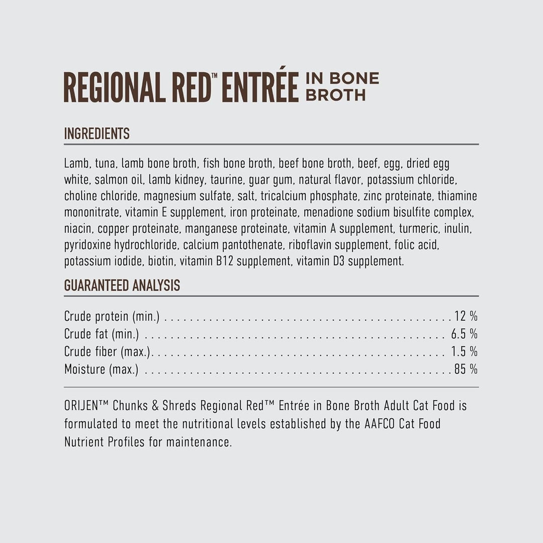 ORIJEN Regional Red cat food label details and adult-maintenance statement