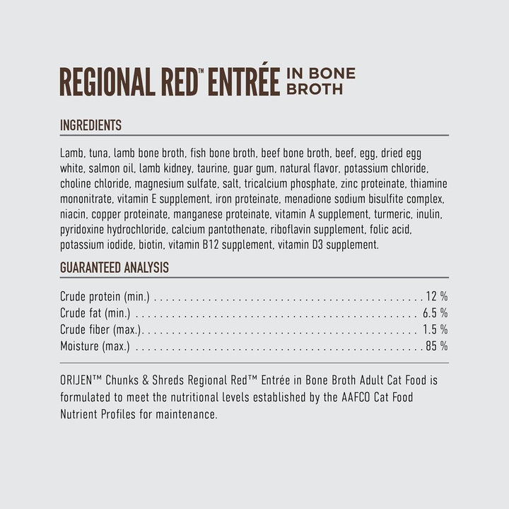 ORIJEN Regional Red cat food label details and adult-maintenance statement