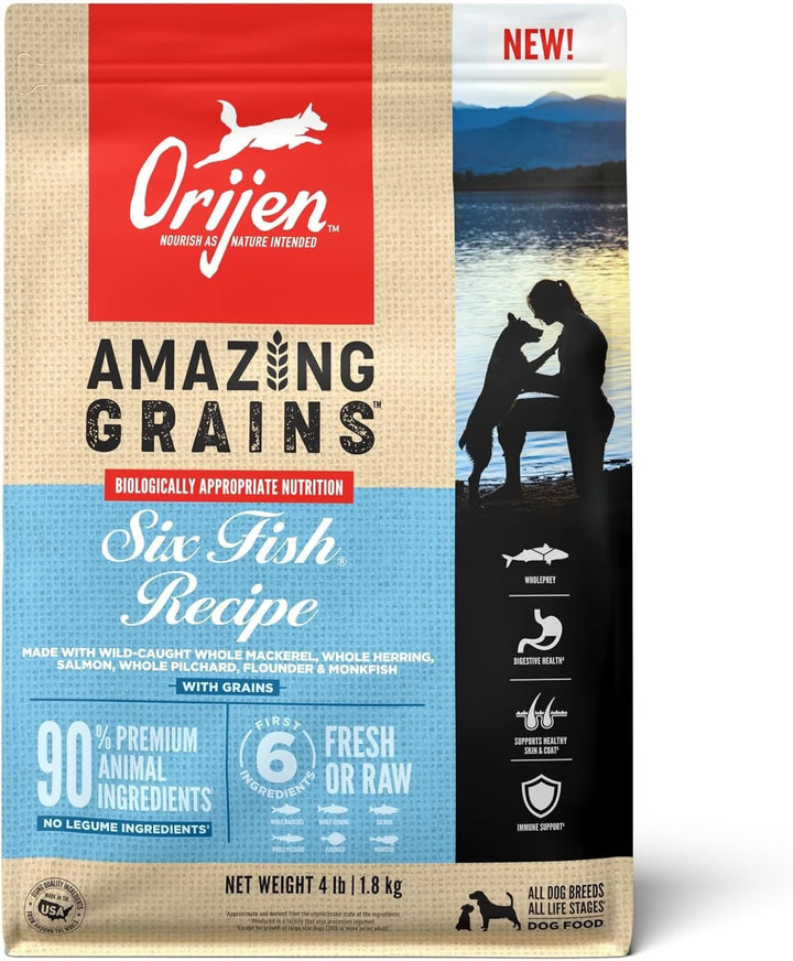 ORIJEN Amazing Grains Six Fish 4 lb dog food bag front
