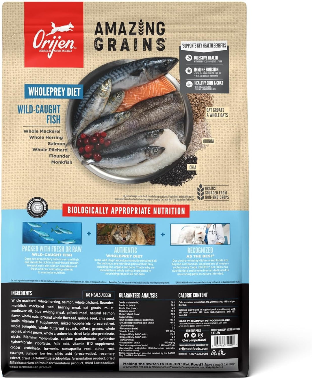 ORIJEN Amazing Grains Six Fish dog food bag reverse
