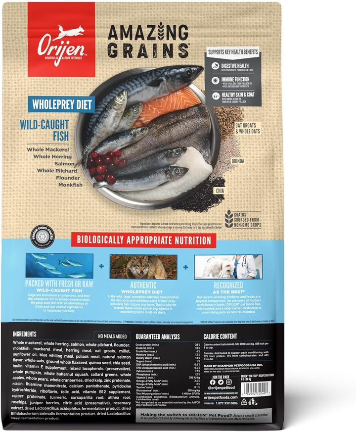 ORIJEN Amazing Grains Six Fish dog food bag reverse