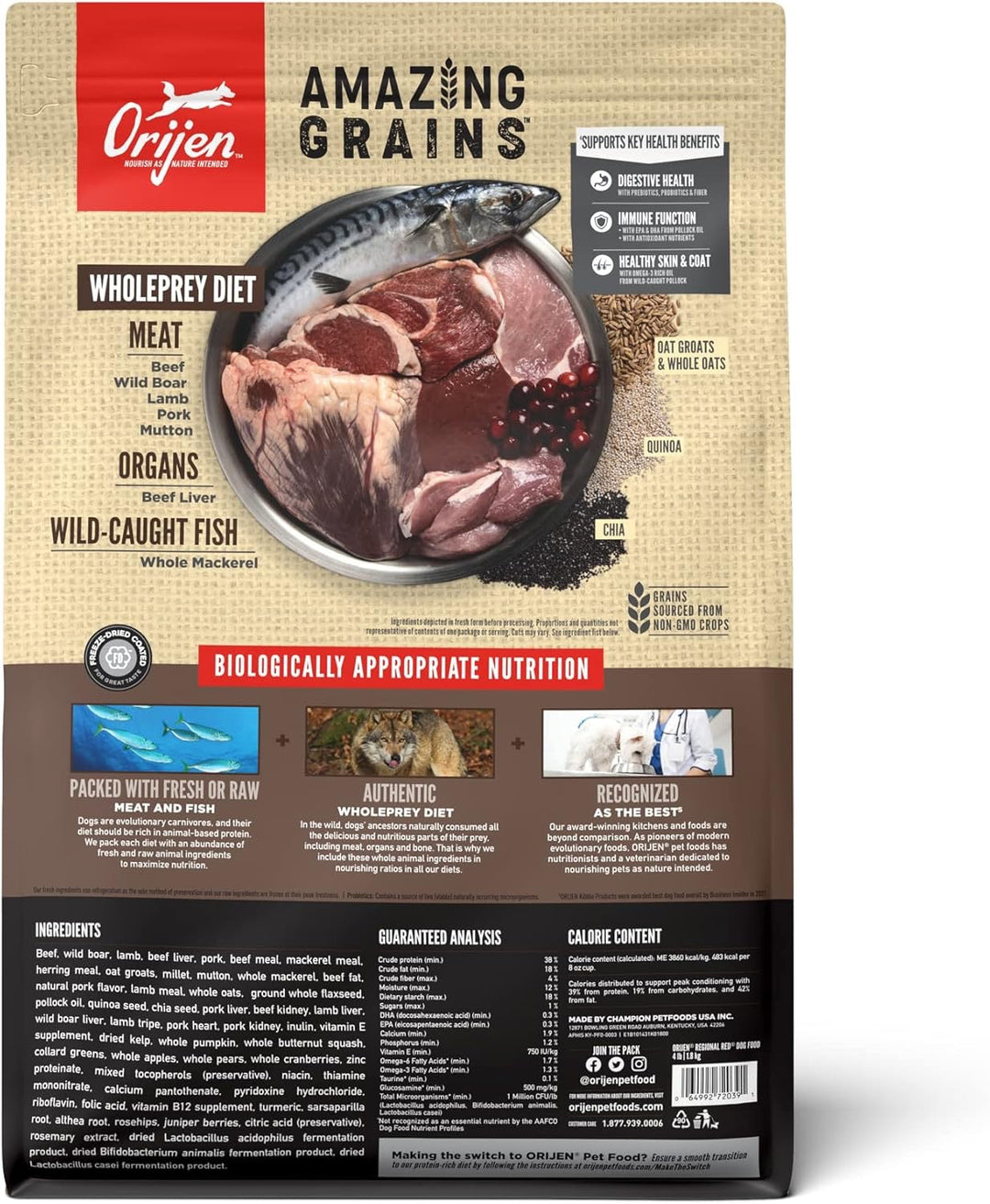 ORIJEN Amazing Grains Regional Red reverse label with ingredients and nutrition panel
