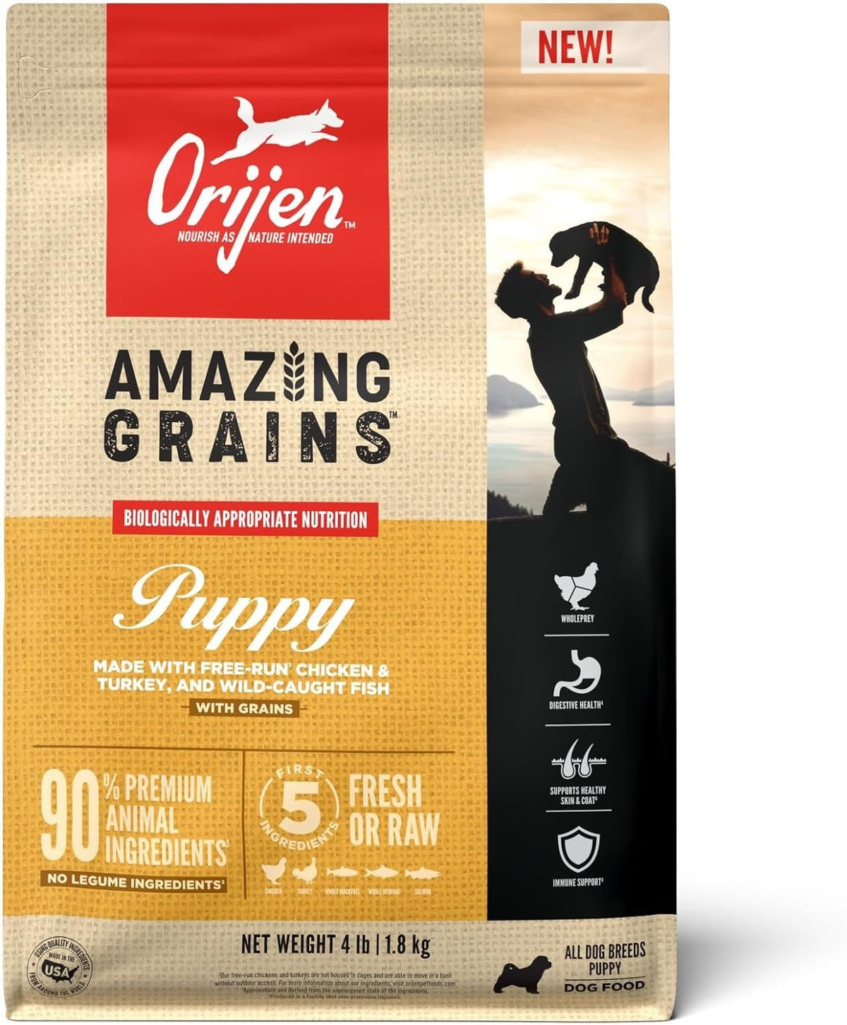 ORIJEN Amazing Grains Puppy 4 lb bag front