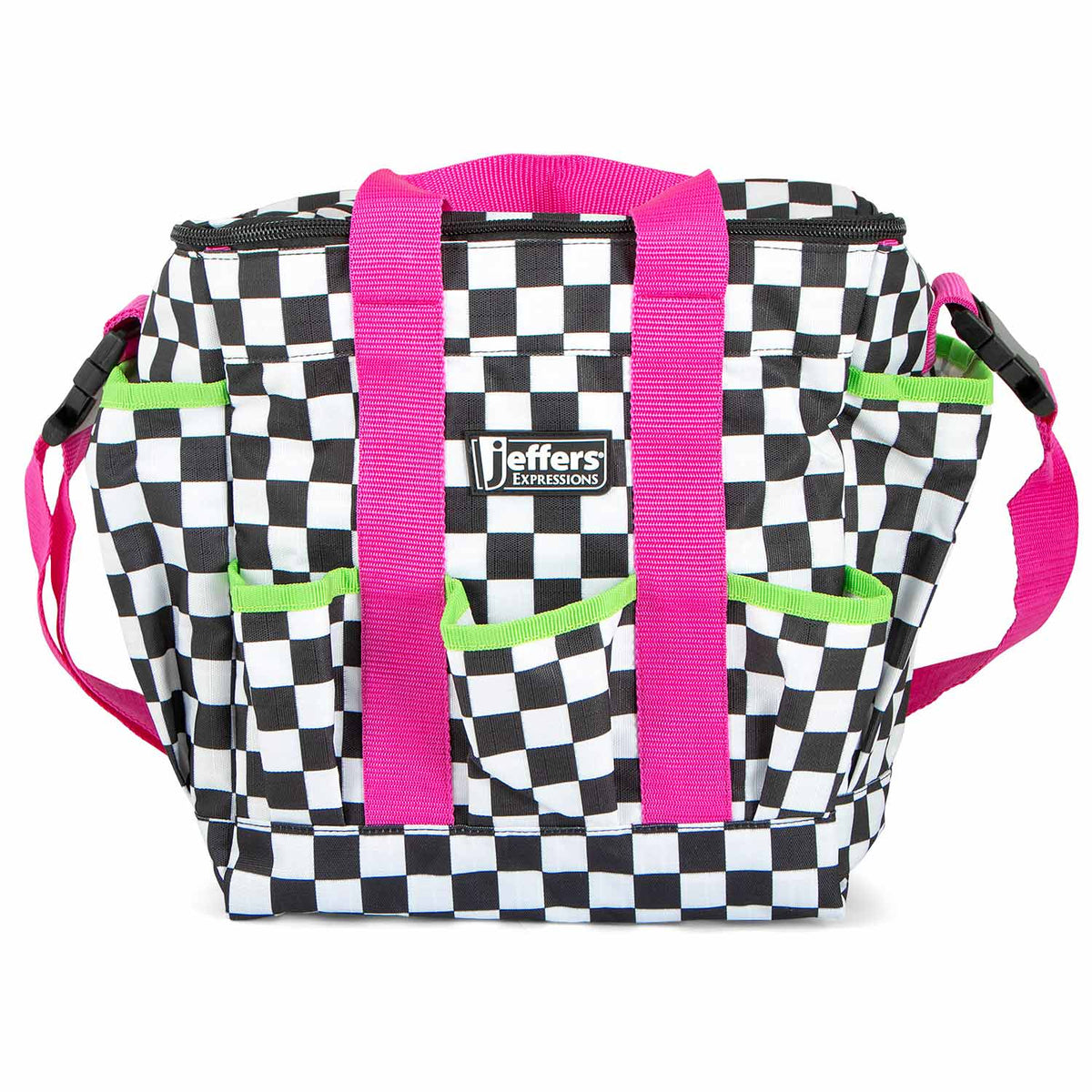 Jeffers Expressions Deluxe Horse Grooming Bag with adjustable strap; black-and-white checker pattern, hot pink handles.