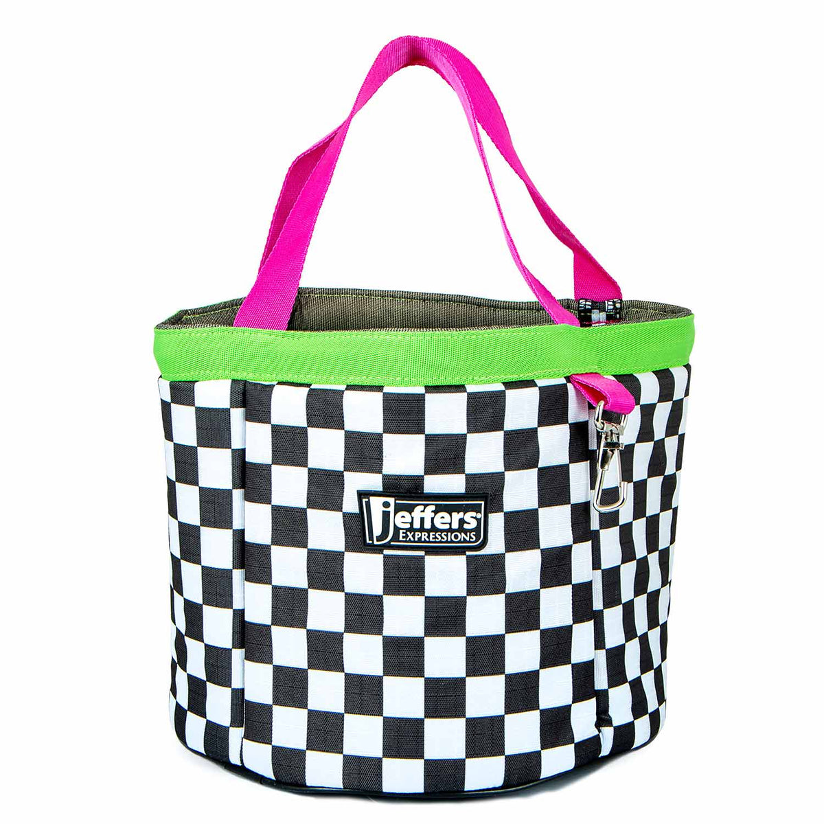 Jeffers Expressions grooming tote; black-and-white checker pattern with lime green top edge and hot pink handles.
