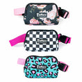 Load image into Gallery viewer, Jeffers Expressions adjustable belt bag; three fanny packs shown in floral navy, checker, teal leopard with pink straps
