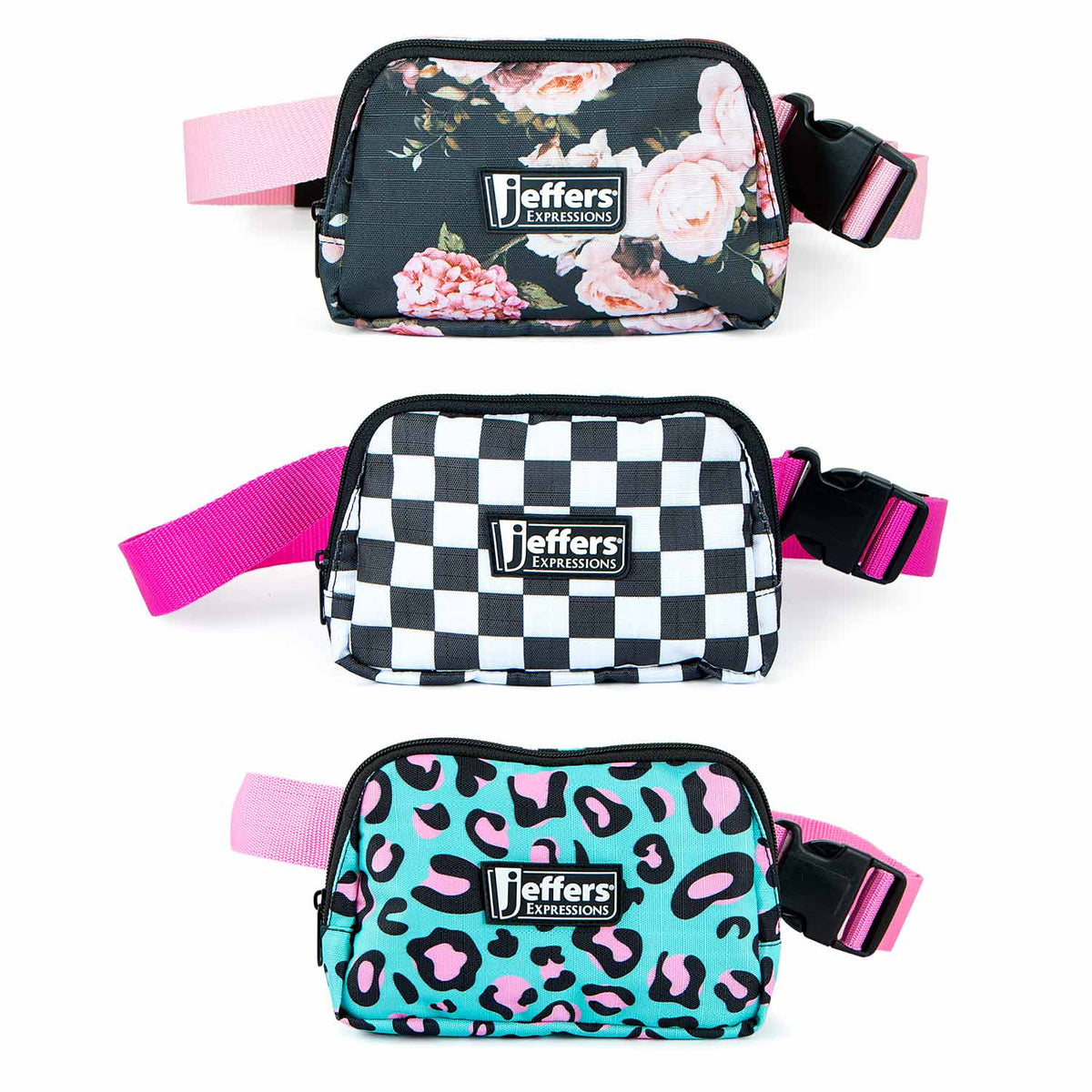 Jeffers Expressions adjustable belt bag; three fanny packs shown in floral navy, checker, teal leopard with pink straps