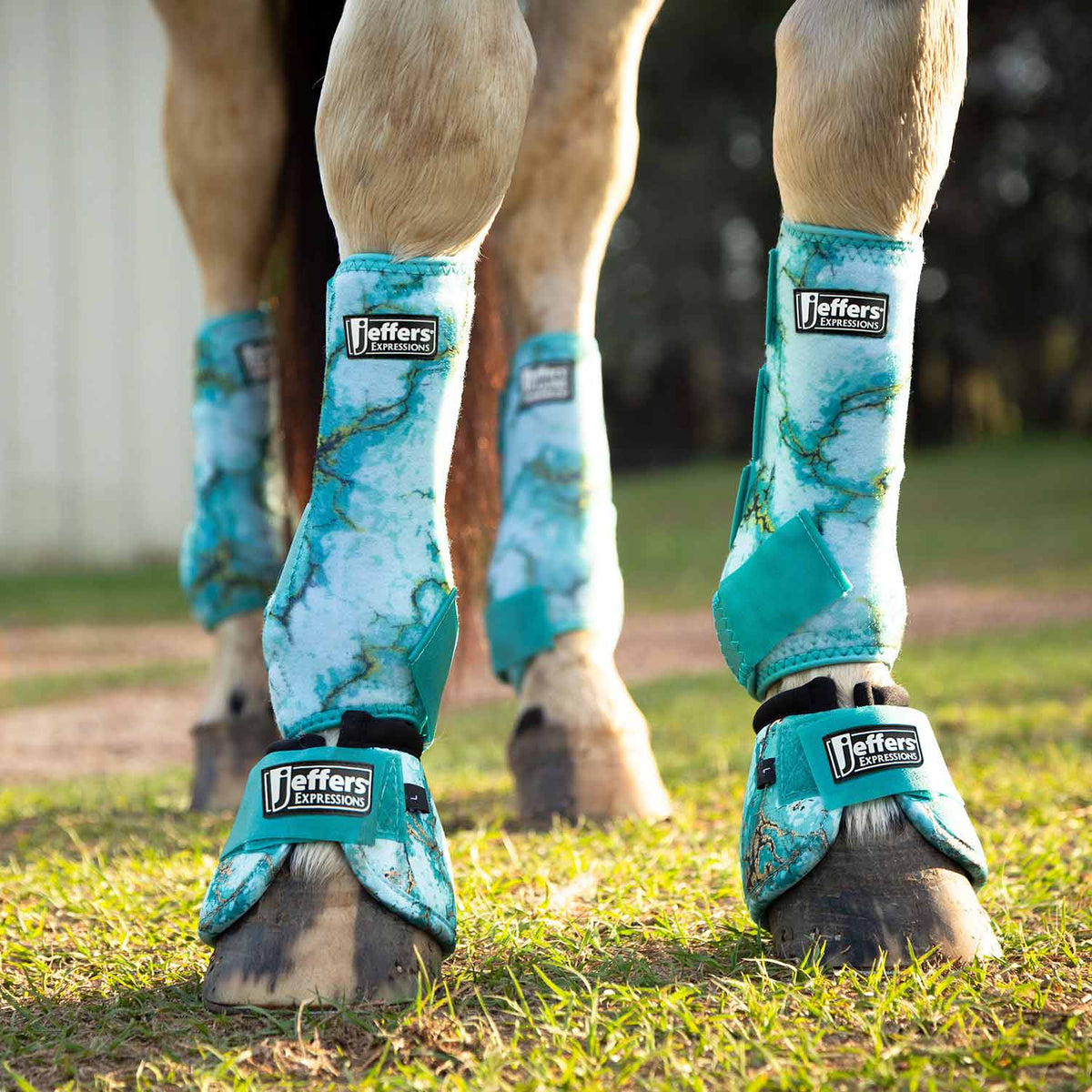 Jeffers Expressions no-turn bell boots for horses, nylon, turquoise marbled, 2 pairs shown
