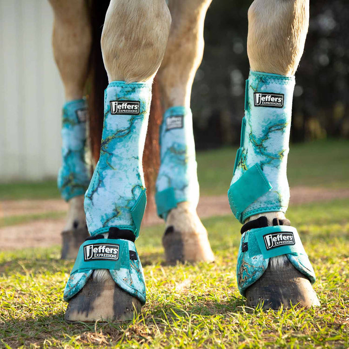 Jeffers Expressions no-turn bell boots for horses, nylon, turquoise marbled, 2 pairs shown