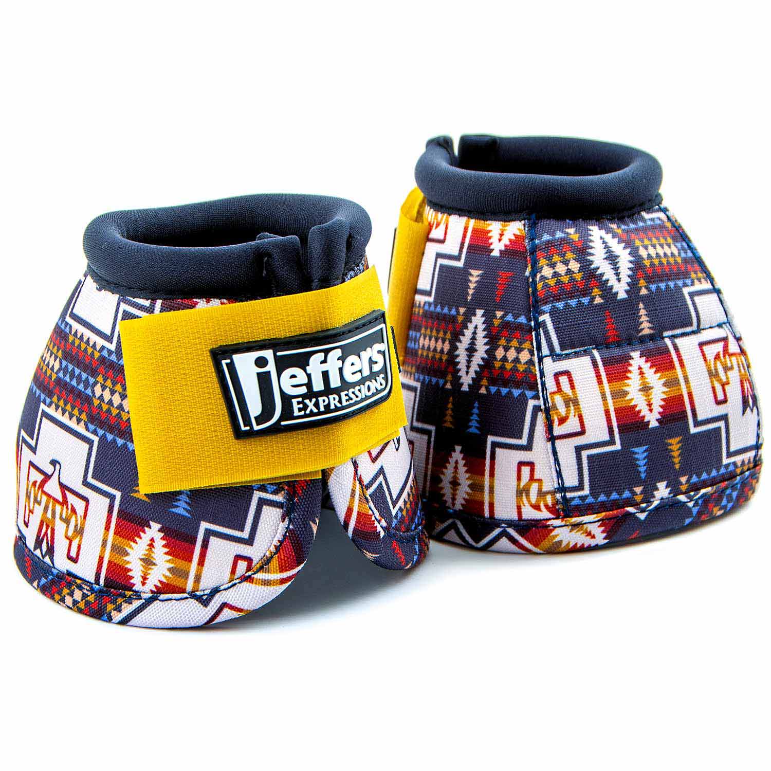Jeffers Expression No-Turn Bell Boots for Horses, nylon pair; navy interior, colorful print, yellow strap