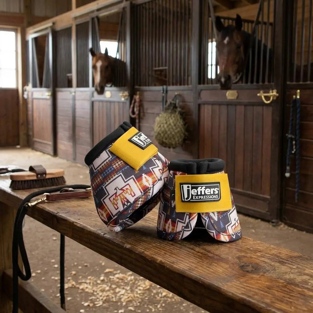 Jeffers Expressions No-Turn Bell Boots for Horses, pair, nylon with yellow straps and multicolor geometric pattern.