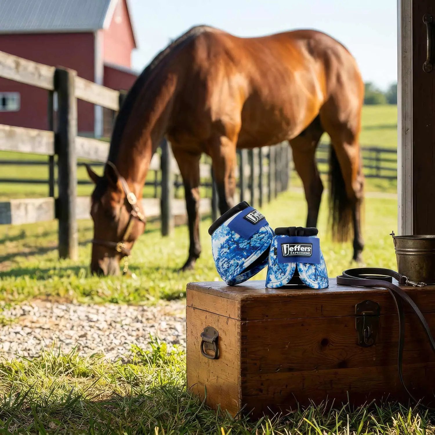 Jeffers Expressions No-Turn bell boots for horses, nylon, blue patterned pair.