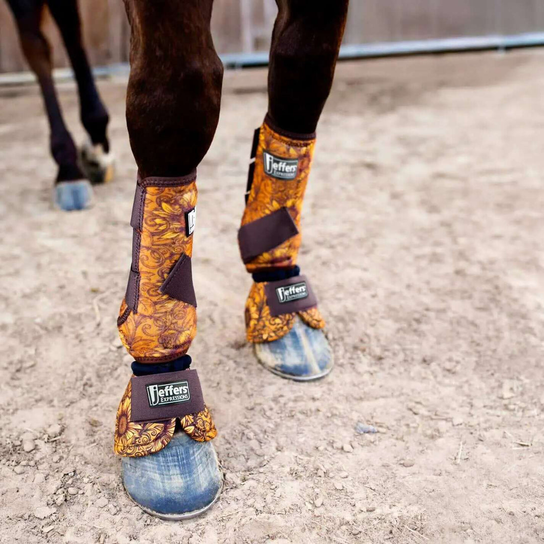 Jeffers Expression No-Turn Bell Boots for Horses, pair, orange floral nylon with brown straps