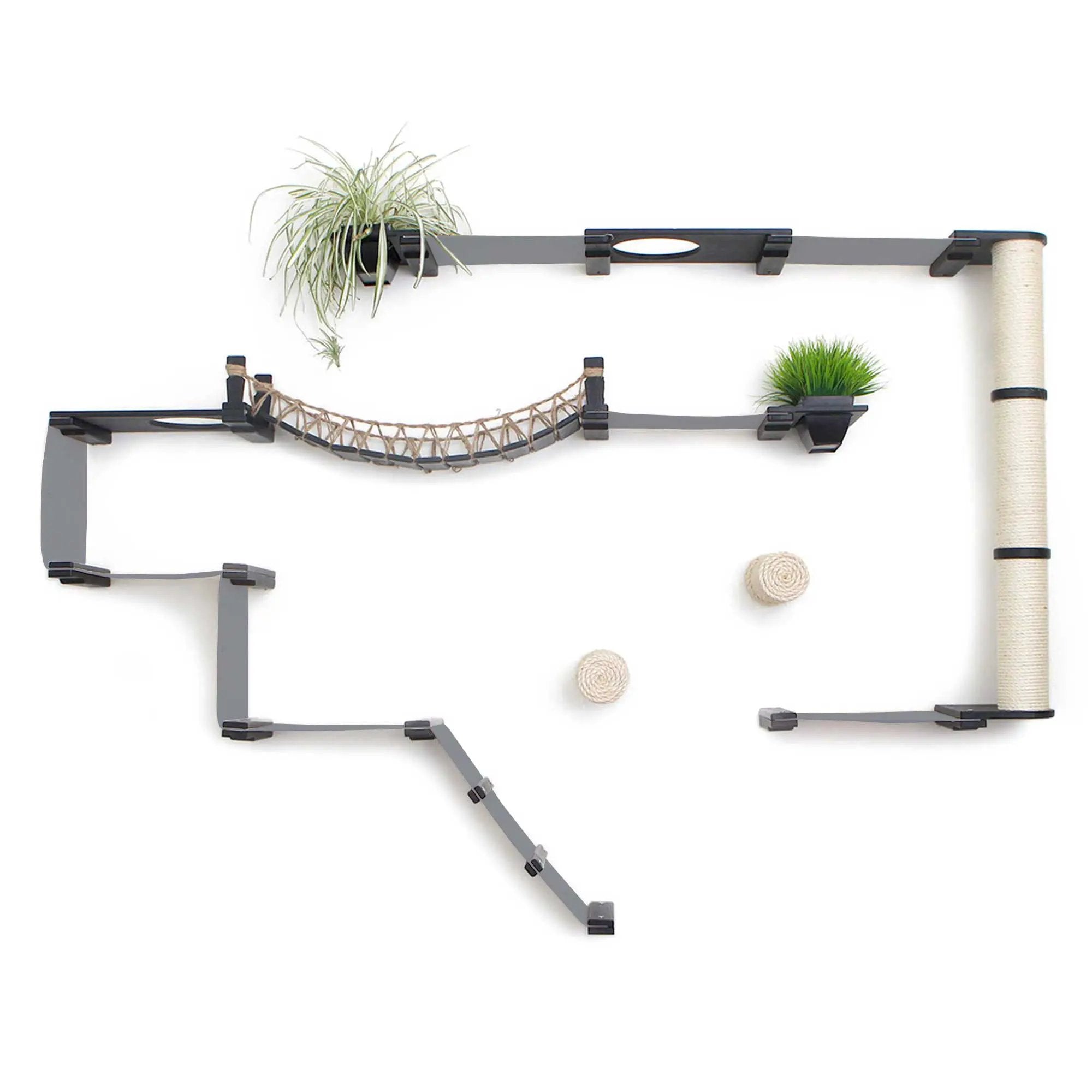 The Juggernaut indoor cat playground by Catastrophic Creations; gray wall-mounted cat condo with rope hammock.