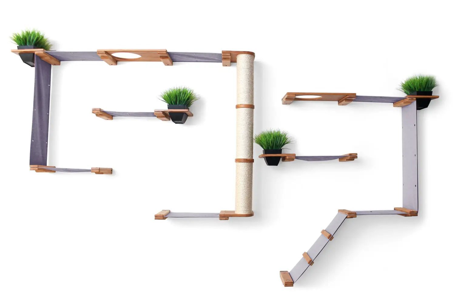 The Gardens Modern Cat Tree with Plants - wall-mounted cat condo with purple-gray planks and five green plant pots.