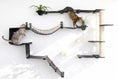 Gallery viewerに画像を読み込む, The Juggernaut wall-mounted cat condo by Catastrophic Creations; dark wood platforms, rope bridge, and 3 cats.
