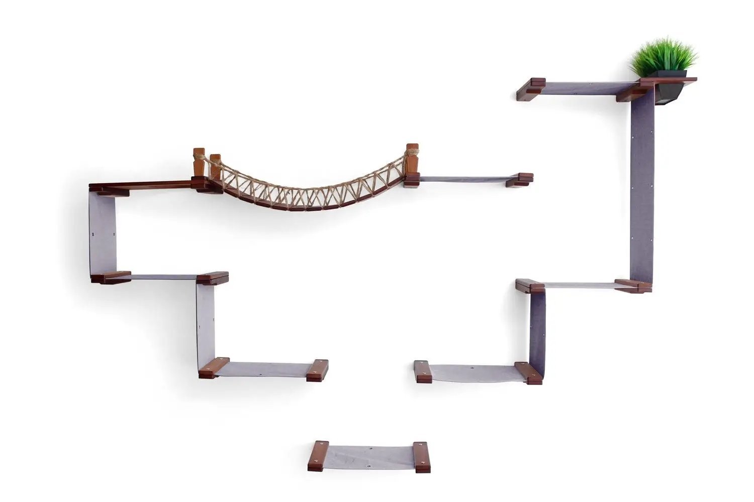 The Temple giant cat tree on wall cat condo by Catastrophic Creations; grey platforms, brown connectors, rope bridge.