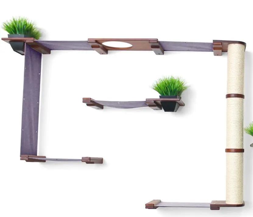 The Gardens Modern Cat Tree with Plants by Catastrophic Creations; purple-panel cat condo with wood frame and green faux plants