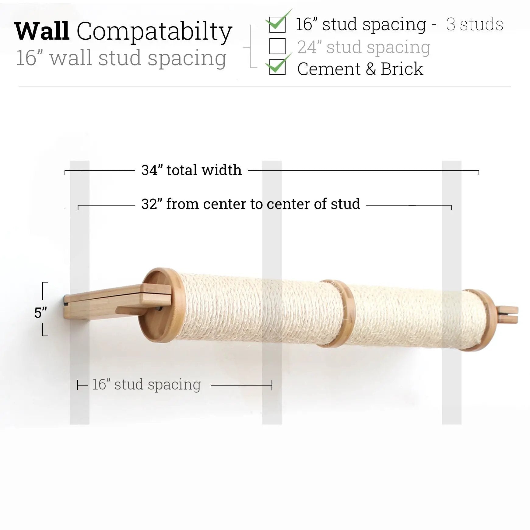Horizontal Scratching Post for Cats by Catastrophic Creations, wall-mounted with wood core and sisal rope.
