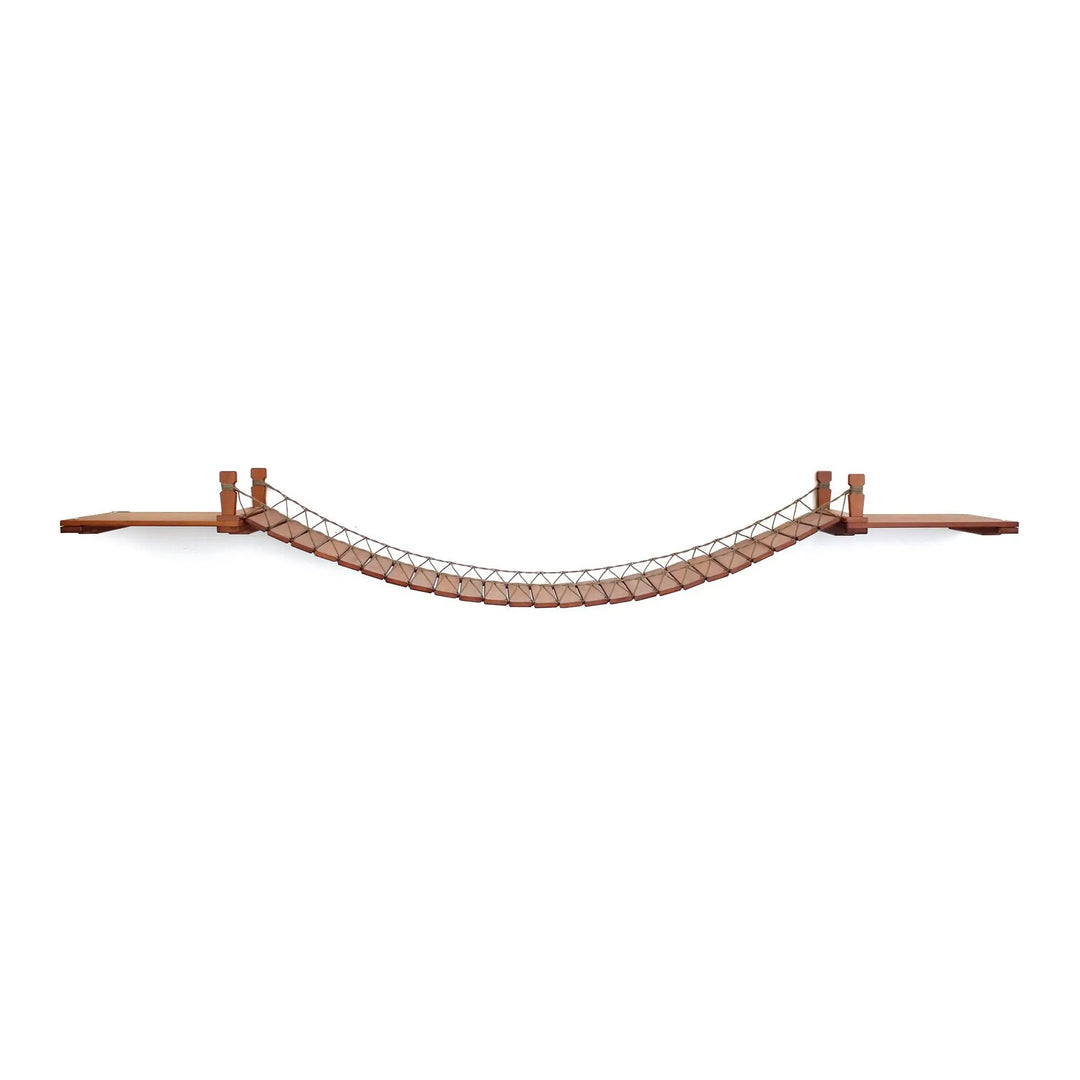 Cat Wall Bridge and Shelf Set by Catastrophic Creations; brown wooden cat bridge with rope lattice.